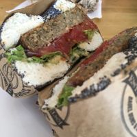 Vegan Bagel with guacamole & eggplant burger ♥️ at Bagel Road in Verona