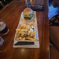 Vegan miso poutine and mushroom burger   at Pitchfork Eatery in Nelson