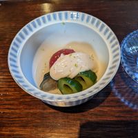 simmered zucchini, tomato, eggplant with fermented tofu sauce at Kajitsu in New York City
