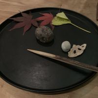 Mochi, green tea sweet thing, candied lotus root at Kajitsu in New York City