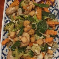 Vegan main dish, vegetables with tofu and a garlic-soy-sauce. christmas 2019. at Thong Thai in Wemeldinge