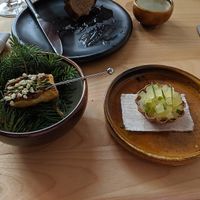 Left: vegan celery yakitori
Right: Sunflower and anise butter tart/compressed green apple & jalapeño/tarragon
 at Alice in Ottawa