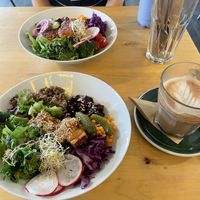 Tofu salad, tempeh salad, and tiramisu mocha!  at Rohe in Tallinn