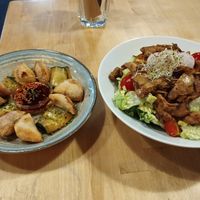 Dumplings (left) and cesear salad (right) at Rohe in Tallinn