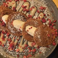 Pancakes with condensed "milk", raspberry and banana at Rohe in Tallinn