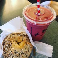 Everything Bagel with PNB & fruit smoothie  at Pearl Street Bagels in Jackson