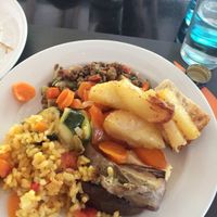 Vegetable paella, lentil salad, grilled eggplant, roasted potatoes at Cafe del Parc in Girona