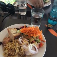 Noodles, bread and salad at Cafe del Parc in Girona