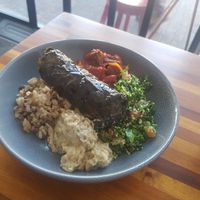 Vegan dolmade plate with baba ganouj and braised okra. at Cedar Falafel & Kebab House in Katoomba