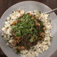 Vegan “casserole” lentil, chickpea and vegetable “stew” with cauliflower pilaf at Noosa Reef Hotel in Noosa Heads