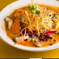 Fire pot vegan soy pasta 
spicy taste at Gavy in Tokyo