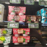 vegan yogurts in the fridge at Carrefour City in Levallois-perret