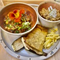Baked courgette with chickpea & aubergine stew, pickled fennel, spiced quinoa and Armenian onion bread at Chidakasha Skye in Isle Of Skye
