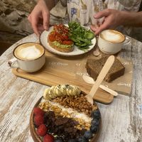 Avocado toast, Avocado&Coco bowl, banana bread and coffee with oatmilk!  at Coco House in Barcelona