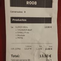 Bill for a combo at Thunder Vegan - Malasaña in Madrid