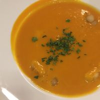 Pumpkin soup with caramelised apple  at Antik-Hof in Bissee