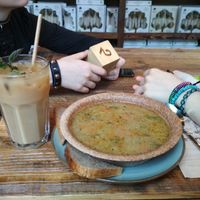 Coffee with oat milk and soup of the day (vegan) at Pijalnia Ziół in Warsaw