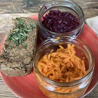 Vegan and gluten feee pate with carrot and beetroot salads   at Pijalnia Ziół in Warsaw