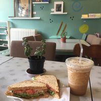 Vegan BLT with avocado. Vegan coconut milk and coffee frappe.  at Delicious Cafe in Chicago