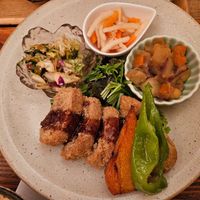 The gluten cutlets were cooked perfectly,  with lots of side dishes. at Gen Mi An - Imabashi in Osaka