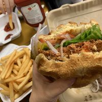 “The Perfect Burger” made out of Butternut Squash, Beets, and Sweet Potato-comes with lettuce, tomato, onion and pickles  at The Veggie Side in Hauppauge