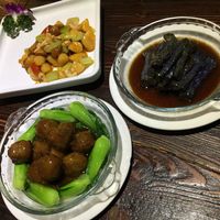 Clockwise from top left: cashew stir fry, eggplant, and vege balls with bok choy at Ji Xiang Cao - Lucky Zen & Veg Restaurant in Shanghai
