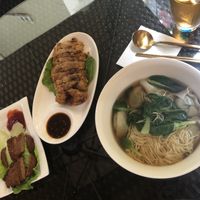 imitation steak, braised "pork" and noodle soup with dumplings at GōngDé Lín - Godly - Wukang Rd in Shanghai