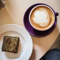 almond flat white and chocolate caramel brownie at Finsbay in Milngavie