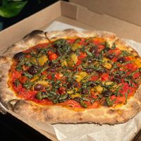 Slightly modified Vegan Margherita pizza special. I subtracted the roasted garlic and added kalamata olives. at The 4th Horseman in Long Beach