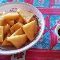 Fried Tofu, 20 Baht! Nice as a side dish, the sauce is really good too! at Kao Man Kai Jay Vegan in Chiang Dao