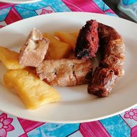 Plate of various mock meats. The sausages are really good too! Comes with the black sauce. 30 baht at Kao Man Kai Jay Vegan in Chiang Dao