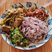 Red rice with 3 sides. B70 at Kao Man Kai Jay Vegan in Chiang Dao