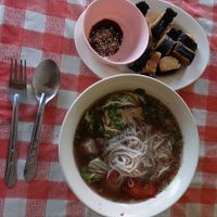 Noodle, mushroom, vegetable and tofu soup ; tof wrapped in seeweed, looking like sushi at Kao Man Kai Jay Vegan in Chiang Dao