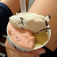 Salty pistachio (sooo good), stracciatella (also very good) and strawberry at Accademia del Gelato in Udine