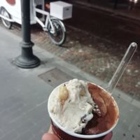 Peanut chocolate and one origin chocolate ice cream at Accademia del Gelato in Udine