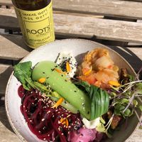 Very tasty bowl with nice fresh ginger kombucha   at Flax in Malmo