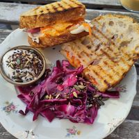 Insanely tasty toast with cashew cheese and kimchi at Flax in Malmo
