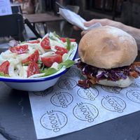 Vegan pulled pork sandwich and salad.  at Groove in Genoa