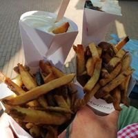 Vegan mayo! You can sit outside on a bench in front of their store.  at Frietwinkel in Groningen
