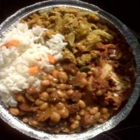 combo plate of beans/veggie ham, lasagna, curry at Belmont Vegetarian Restaurant in Worcester