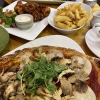 Garlic Mushroom Flatbread; Sticky BBQ Cauliflower Wings; chips; 'Chicken’ Wrap at The Eating Gorilla in Penrhyndeudraeth