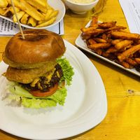 Massive burger and onion rings  at The Eating Gorilla in Penrhyndeudraeth