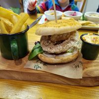 Burger with HUGE onion rings at The Eating Gorilla in Penrhyndeudraeth