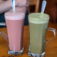 Beetroot and matcha lattes at The Eating Gorilla in Penrhyndeudraeth