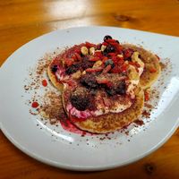 American Pancakes (served with seasonal berry compote and yoghurt). at The Eating Gorilla in Penrhyndeudraeth