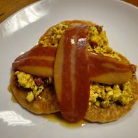 Pancakes with Scrambled Tofu, B*acon & Maple Syrup. at The Eating Gorilla in Penrhyndeudraeth