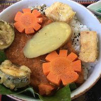 Assembled curry bowl with potato, carrot, fried eggplant, and fried tofu at Samata in Chiang Mai