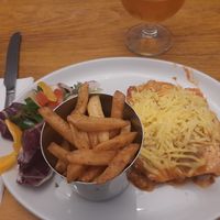 Vegan lasagna with fries at Slanj in Arrochar