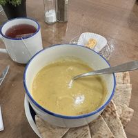 Apple Tea (delicious) and lentil soup with pita.   at Havenly in New Haven