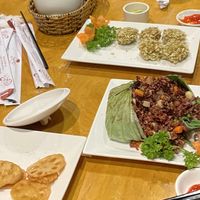 Rolled taro balls, fried lotus and rice in lotus leaf  at Sen Vegan House in Ho Chi Minh City